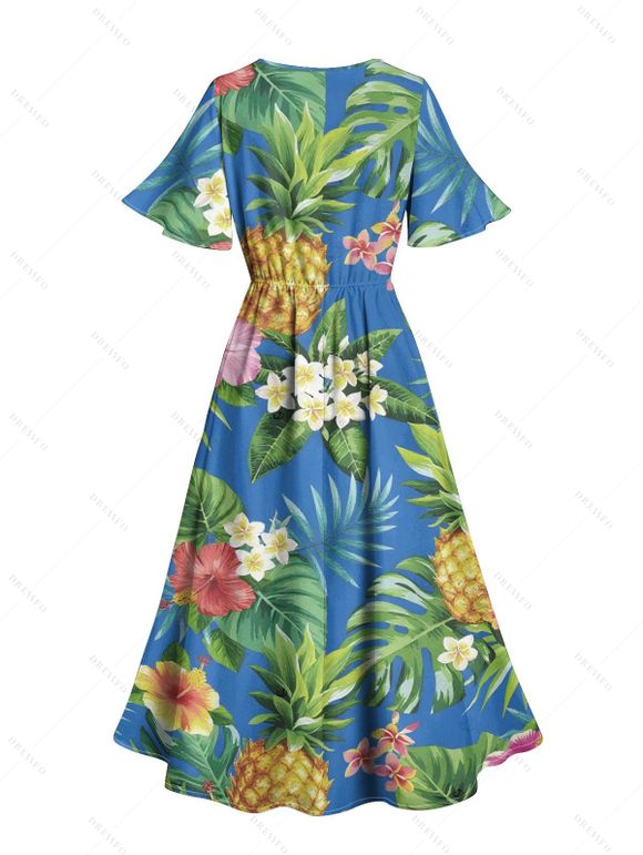 Vacation Couple Outfit Pineapple Floral Leaf Print Slit Dress and Shirt Set - Bleu clair S | US 4