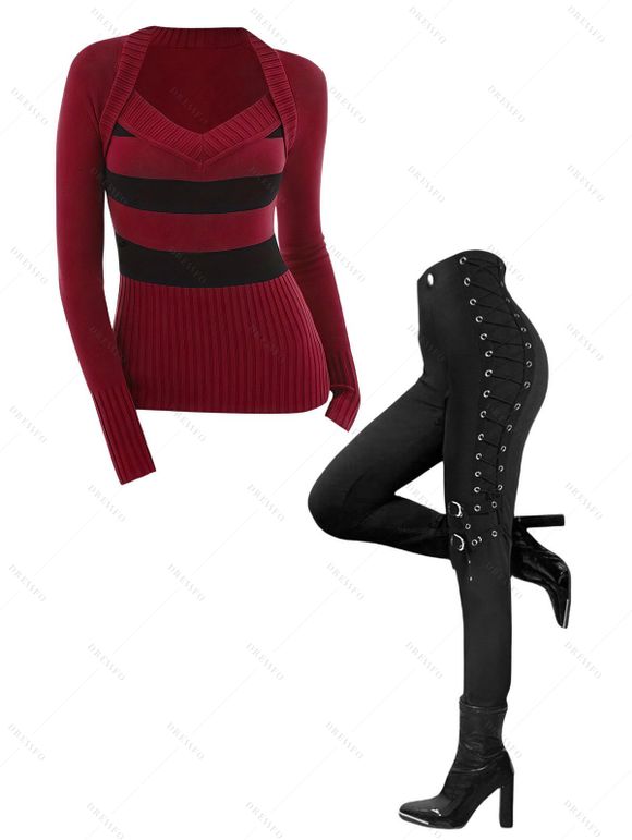 Winter Outfit Colorblock Striped Print Sweater and Grommet Leggings Set - Rouge Vineux S | US 4