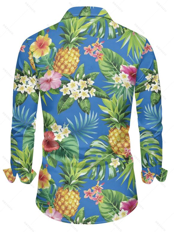 Vacation Couple Outfit Pineapple Floral Leaf Print Slit Dress and Shirt Set - Bleu clair S | US 4