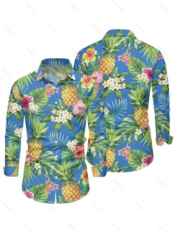 Vacation Couple Outfit Pineapple Floral Leaf Print Slit Dress and Shirt Set - Bleu clair S | US 4