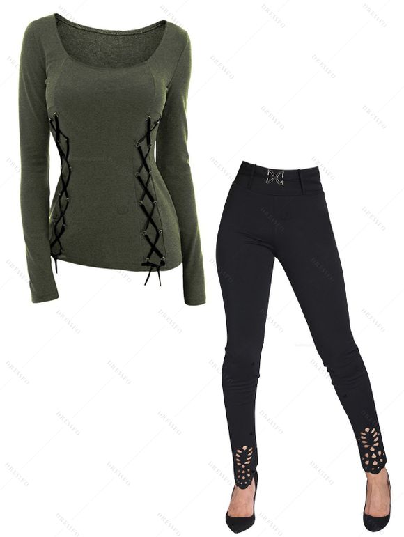 Winter Outfit Solid Color Lace Up Top and Floral Hollow Our Pants Set - Vert Armée S | US 4