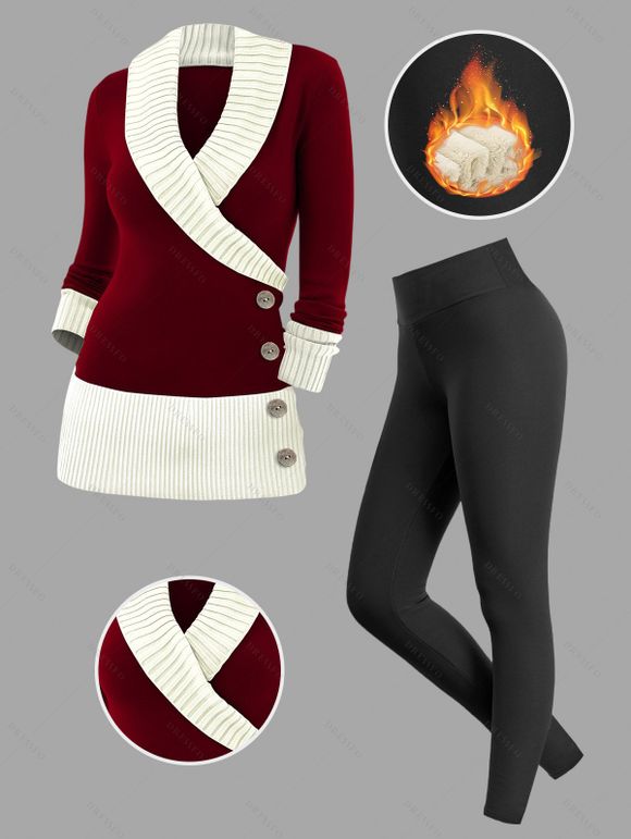 Winter Outfit Colorblock Mock Button Sweater and Fleece-Lined Leggings Set - Rouge Vineux S | US 4
