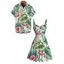 Vacation Couple Outfit Tropical Jungle Floral Leaf Print Print Ruched Dress and Shirt Set - PLANT GREEN S | US 4