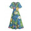 Robe de vacances à imprimé floral ananas et feuilles, manches papillon et fente - Bleu clair XXL | US 14