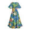 Robe de vacances à imprimé floral ananas et feuilles, manches papillon et fente - Bleu clair XXL | US 14