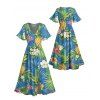 Robe de vacances à imprimé floral ananas et feuilles, manches papillon et fente - Bleu clair XXL | US 14