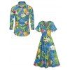 Vacation Couple Outfit Pineapple Floral Leaf Print Slit Dress and Shirt Set - Bleu clair S | US 4