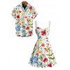 Vacation Couple Outfit Colored Floral Leaf Print Ruched Dress and Shirt Set - Blanc S | US 4