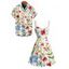 Vacation Couple Outfit Colored Floral Leaf Print Ruched Dress and Shirt Set - Blanc S | US 4