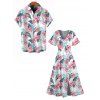 Vacation Couple Outfit Flower Leaf Print Flutter Sleeve Slit Dress and Shirt Set - Blanc S | US 4