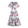 Vacation Couple Outfit Flower Leaf Print Flutter Sleeve Slit Dress and Shirt Set - Blanc S | US 4