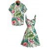 Vacation Couple Outfit Tropical Floral Leaf Print Ruched Dress and Shirt Set - PLANT GREEN S | US 4
