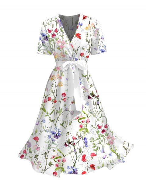 Robe de vacances à imprimé floral coloré, décolleté cache-cœur en V et ceinture