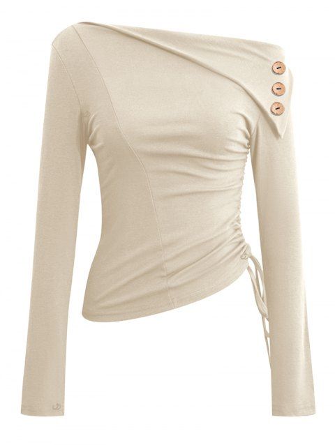 Haut uni à col asymétrique et boutons factices froncés sur le côté