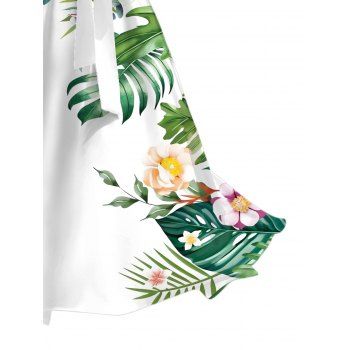 Vacation Couple Outfit Leaf Floral Print Surplice Belt Dress and Shirt Set