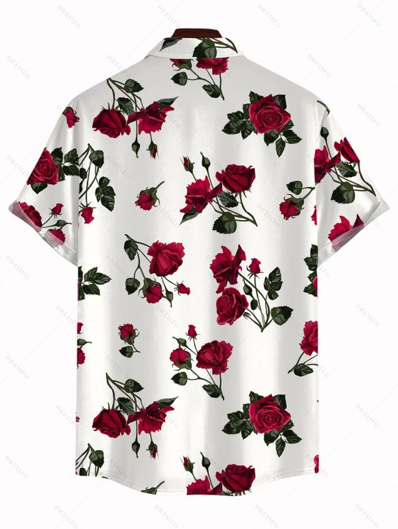 Chemise Décontractée Rose Imprimée Boutonnée à Manches Courtes pour Homme - Blanc 5XL
