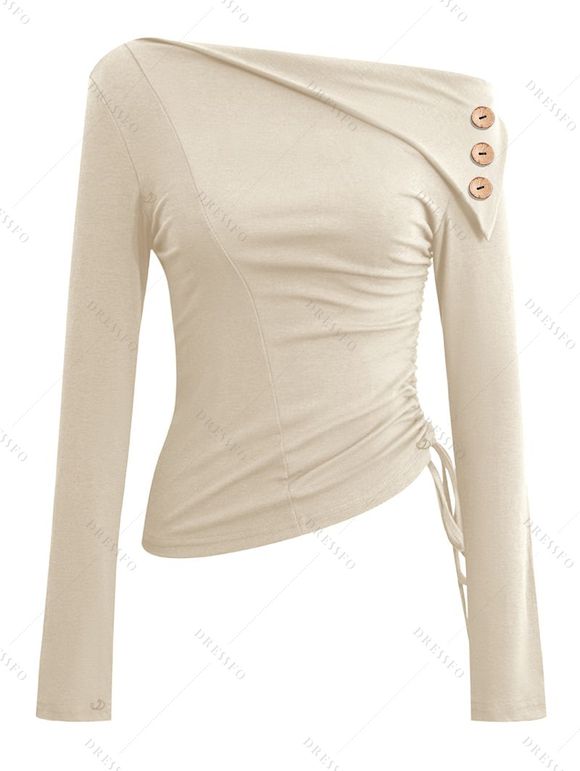 Haut uni à col asymétrique et boutons factices froncés sur le côté - café lumière XXL | US 14