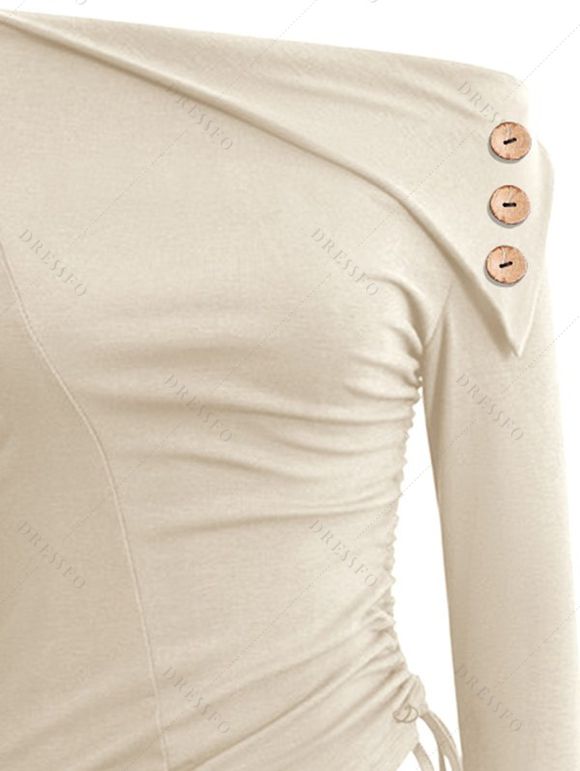 Haut uni à col asymétrique et boutons factices froncés sur le côté - café lumière XXL | US 14