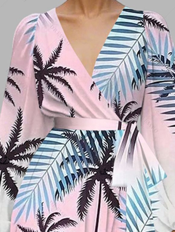 Robe de vacances à imprimé ombré de feuilles de cocotier, robe cache-cœur à ceinture. - Rose XXL | US 14