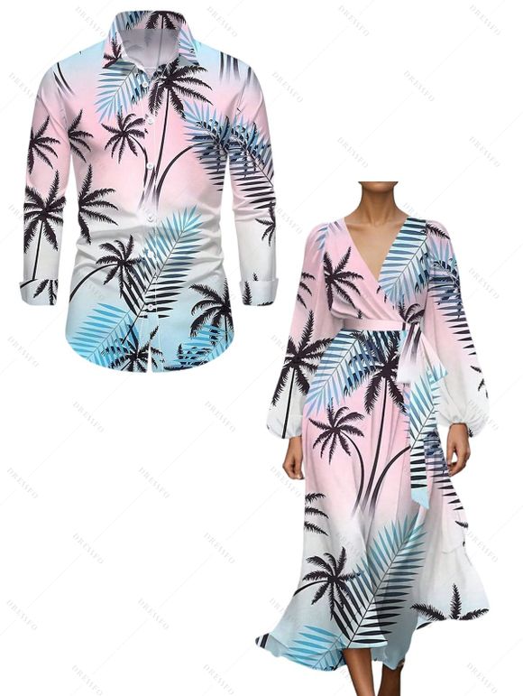 Vacation Couple Outfit Ombre Coconut Tree Print Belt Dress and Shirt Set - Rose S | US 4