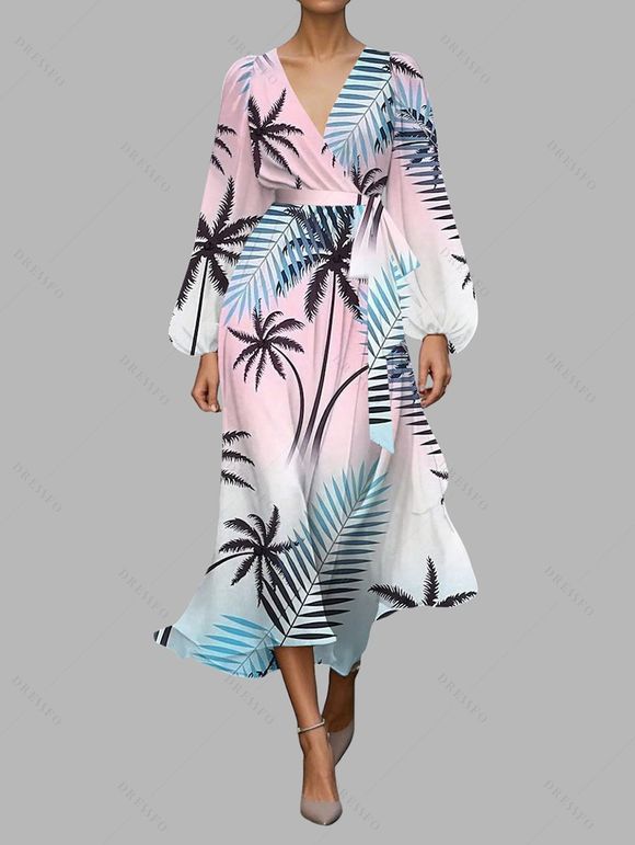 Vacation Couple Outfit Ombre Coconut Tree Print Belt Dress and Shirt Set - Rose S | US 4