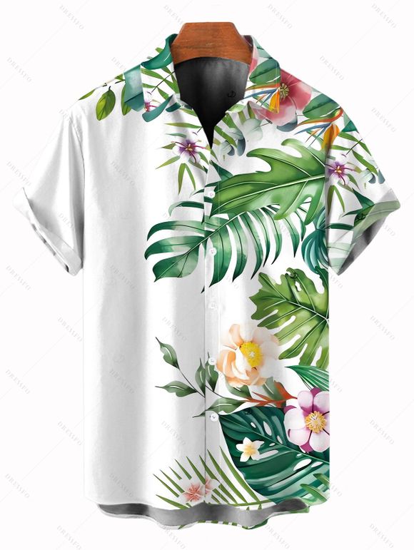 Chemise de vacances pour homme, imprimé floral et feuilles, boutonnée - Blanc 3XL