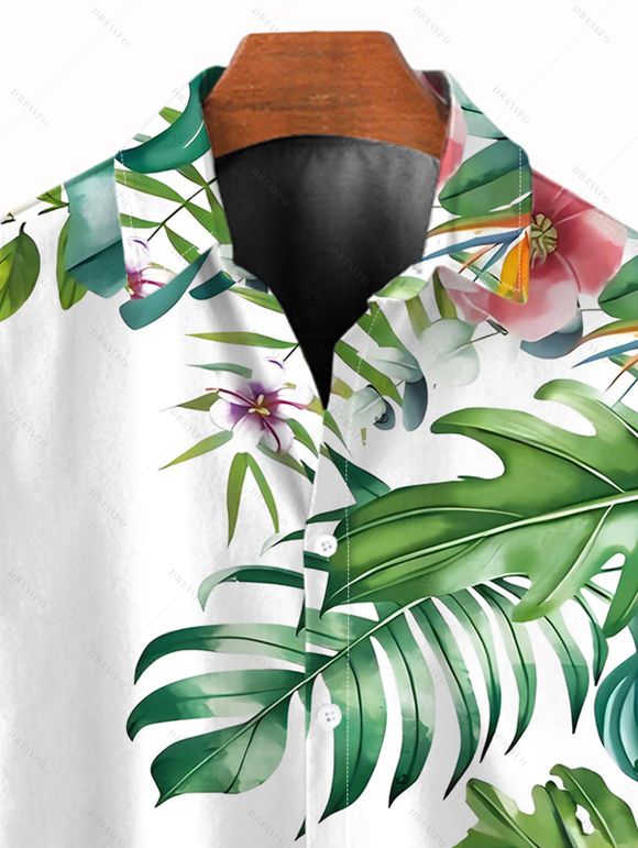 Chemise de vacances pour homme, imprimé floral et feuilles, boutonnée - Blanc 3XL