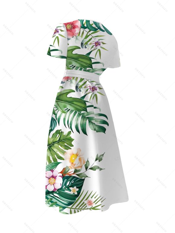 Robe de vacances à imprimé floral et feuilles, décolleté cache-cœur en V et ceinture - Blanc XXL | US 14