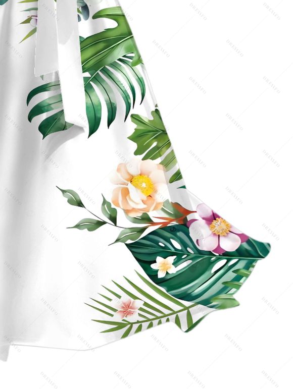Robe de vacances à imprimé floral et feuilles, décolleté cache-cœur en V et ceinture - Blanc XXL | US 14