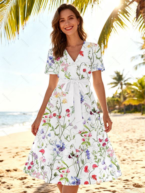 Robe de vacances à imprimé floral coloré, décolleté cache-cœur en V et ceinture - Blanc XXL | US 14