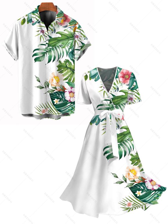 Vacation Couple Outfit Leaf Floral Print Surplice Belt Dress and Shirt Set - Blanc S | US 4