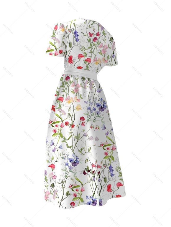 Robe de vacances à imprimé floral coloré, décolleté cache-cœur en V et ceinture - Blanc XXL | US 14