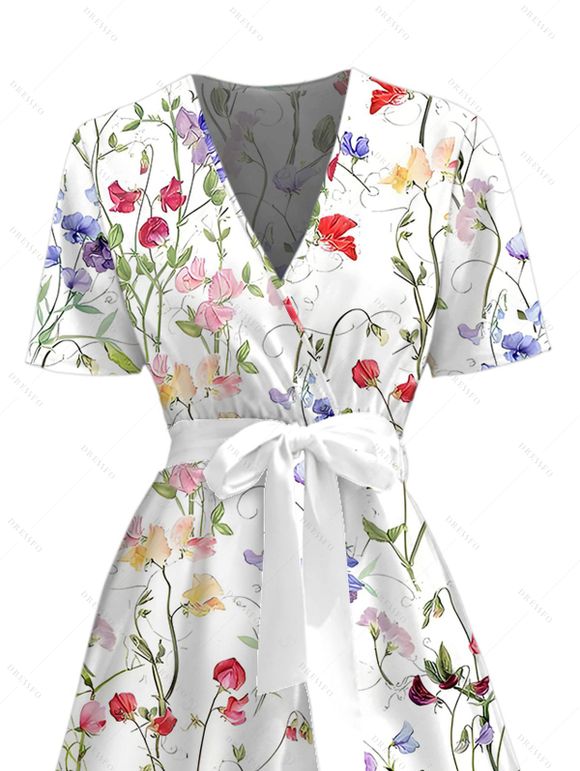 Robe de vacances à imprimé floral coloré, décolleté cache-cœur en V et ceinture - Blanc XXL | US 14