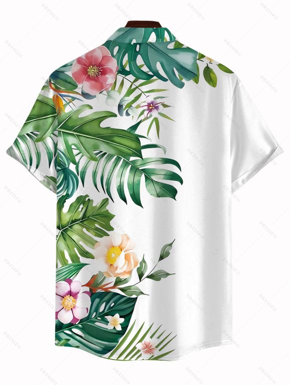 Vacation Couple Outfit Leaf Floral Print Surplice Belt Dress and Shirt Set - Blanc S | US 4