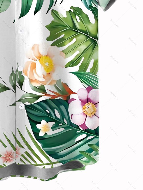 Vacation Couple Outfit Leaf Floral Print Surplice Belt Dress and Shirt Set - Blanc S | US 4