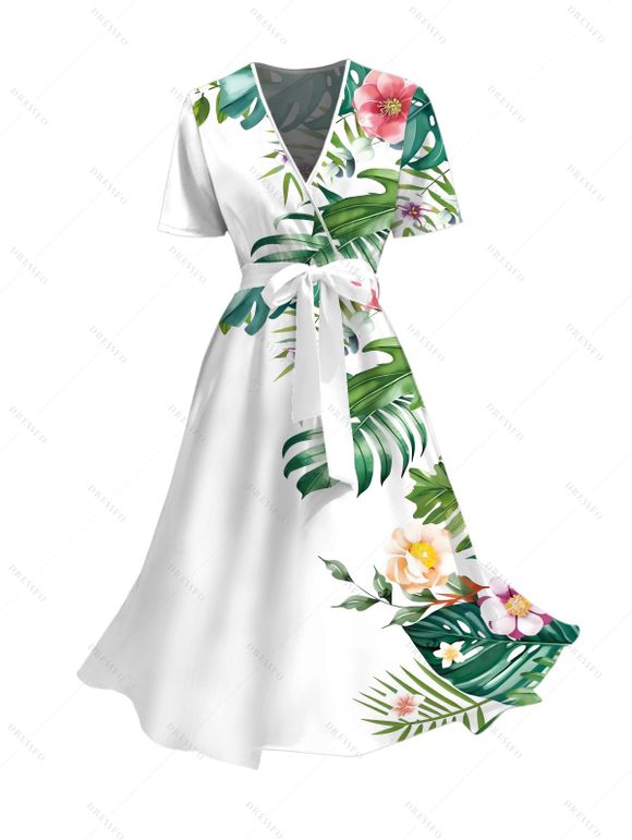 Vacation Couple Outfit Leaf Floral Print Surplice Belt Dress and Shirt Set - Blanc S | US 4