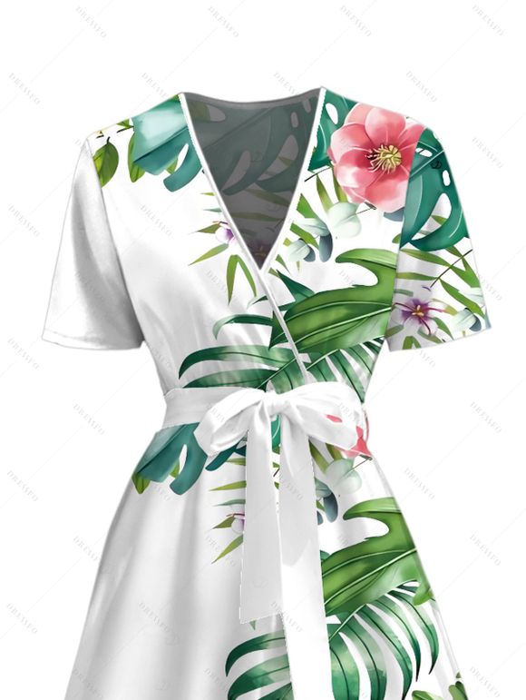Vacation Couple Outfit Leaf Floral Print Surplice Belt Dress and Shirt Set - Blanc S | US 4