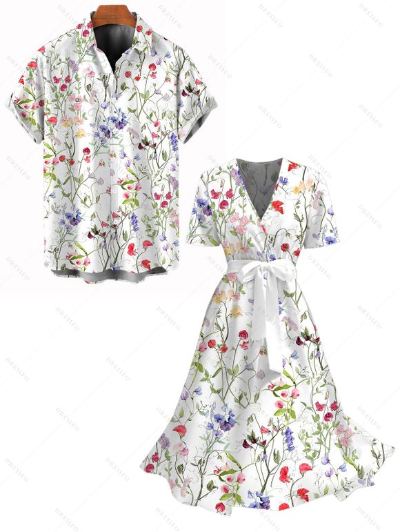 Vacation Couple Outfit Colored Ditsy Floral Print Surplice Belt Dress and Shirt Set - Blanc S | US 4