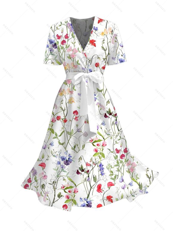 Vacation Couple Outfit Colored Ditsy Floral Print Surplice Belt Dress and Shirt Set - Blanc S | US 4