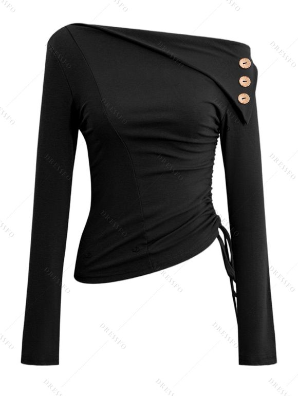 Haut uni à col asymétrique et boutons factices froncés sur le côté - Noir XXL | US 14