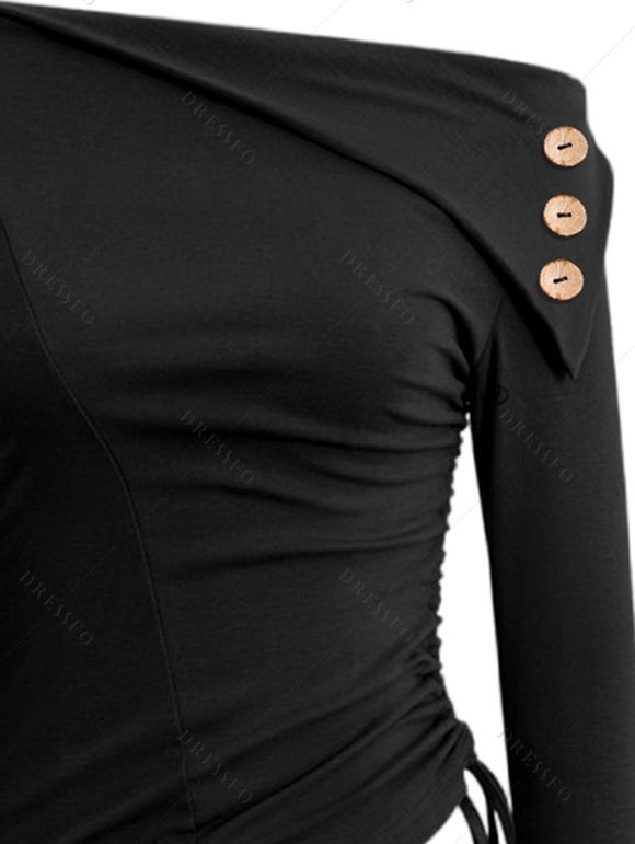 Haut uni à col asymétrique et boutons factices froncés sur le côté - Noir XXL | US 14