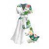 Robe de vacances à imprimé floral et feuilles, décolleté cache-cœur en V et ceinture - Blanc XXL | US 14