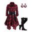 Winter Outfit Plaid Belted Roll Tab Sleeve Handkerchief Dress and Earrings Boot Set - Rouge Vineux S | US 4