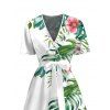 Vacation Couple Outfit Leaf Floral Print Surplice Belt Dress and Shirt Set - Blanc S | US 4