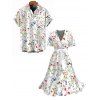 Vacation Couple Outfit Colored Ditsy Floral Print Surplice Belt Dress and Shirt Set - Blanc S | US 4