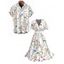 Vacation Couple Outfit Colored Ditsy Floral Print Surplice Belt Dress and Shirt Set - Blanc S | US 4