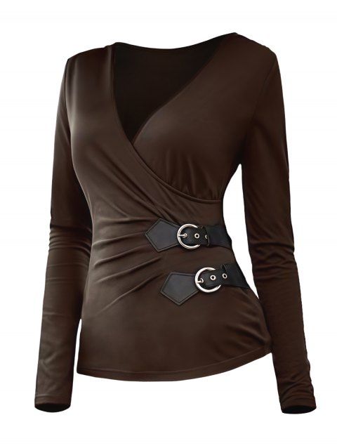 Haut uni à décolleté plongeant et à boucle cache-cœur, manches longues