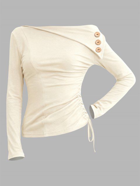 Haut uni à col asymétrique et boutons factices froncés sur le côté