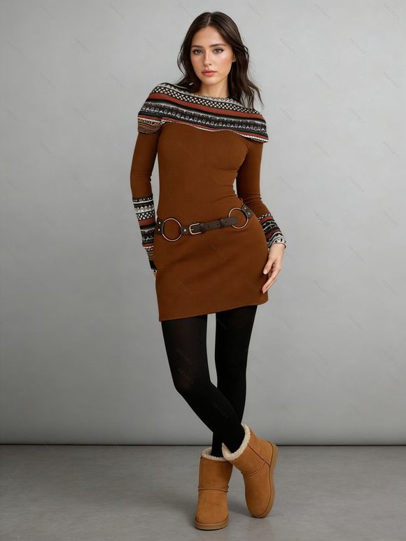 Women Outfit Ethnic Print O Ring Knitted Dress and Fleece-Lined Leggings Set - café S | US 4