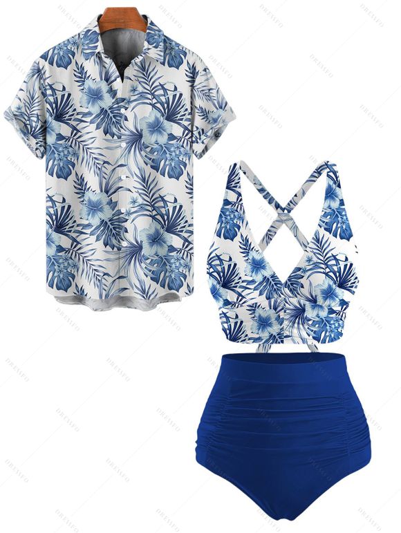 Vacation Couple Outfit Outfit Tropical Flower Print Ruched Bottom Swimwear and Shirt Set - Bleu profond S | US 4